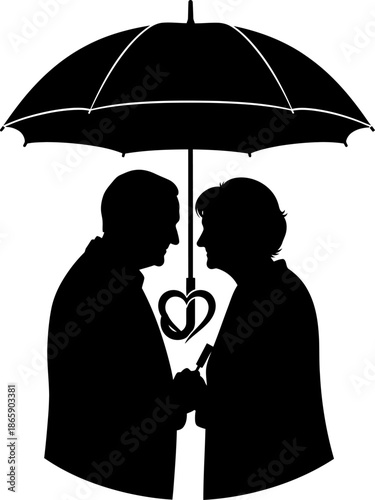 Elderly couple sharing umbrella heart shape under shelter and love