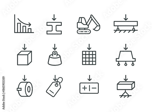 Engineering Mass Icons. Mass in Engineering. Line icon set of Mass in Engineering: load chart, structural weight icon, heavy machinery mass, beam load diagram,
