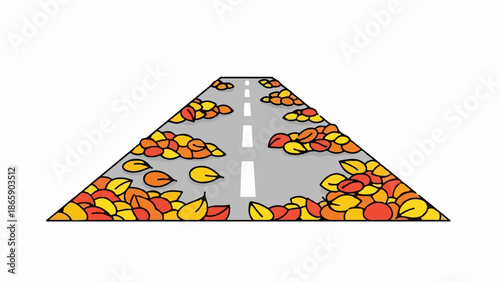 A stylized road, covered in colorful fallen leaves, narrows into the distance