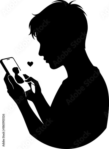 Man silhouette looking at phone sending heart emoji online dating