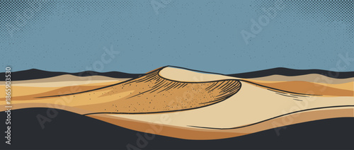 Stylized desert landscape illustration with rolling sand dunes under a starry, halftone sky, featuring a retro comic book aesthetic with bold outlines and a muted color palette