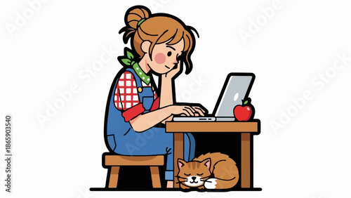 A young person works on a laptop with a cat sleeping beneath their desk and an apple nearby