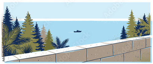 Graphic illustration of a coastal scene with a small motorboat sailing on calm blue water past a forest of pine trees, viewed from a stone promenade on a peaceful day