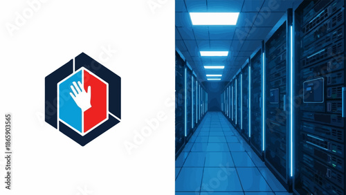 Abstract geometric logo with a hand and a futuristic server room hallway