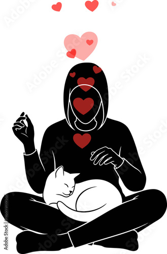 Person meditating with cat sleeping on lap hearts above