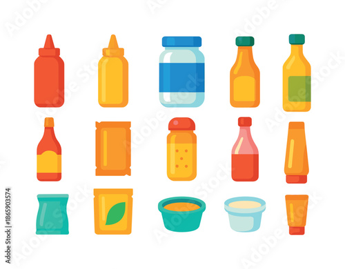 Colorful Condiment Icons. Condiment packaging. Colorful flat vector icons set of condiment packaging: ketchup squeeze bottle, mustard bottle, mayo jar, salad
