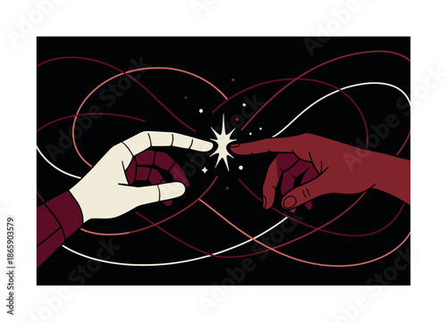 Digital Collaboration Sparks. AI?human collaboration. A hand reaching toward a digital counterpart; sparks forming a shared workspace. Light trails symbolizing