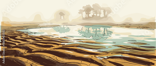 Serene landscape illustration of a tidal flat with calm water reflecting distant trees in a hazy, muted atmosphere, rendered in a graphic style with halftone dot patterns