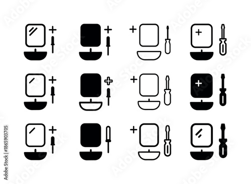 Bathroom Mirror Icons. Adding a new mirror in the bathroom. Icon set. Set Logo of adding a new mirror in the bathroom: mounting screw alignment. harmonious