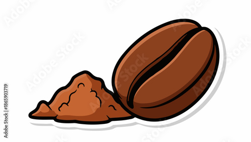 A single brown coffee bean and a pile of brown coffee grounds on a white background