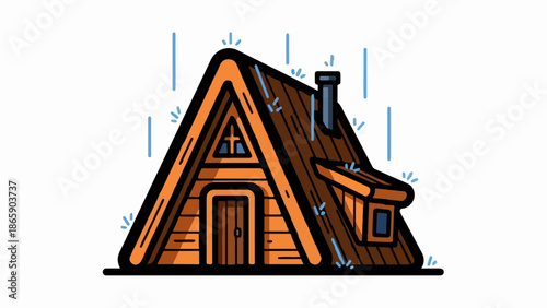 A-frame cabin with a chimney, surrounded by light rain and small patches of grass