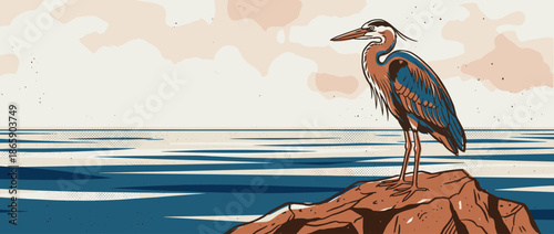 Stylized great blue heron illustration standing on a rocky shore overlooking the calm blue water with a cloudy sky in a retro graphic style with halftone texture
