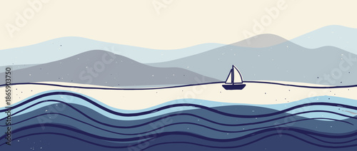 Small hand-drawn sailboat illustration floats calmly on stylized blue waves with rolling hills in a minimalist, serene, and peaceful artistic landscape with a textured effect