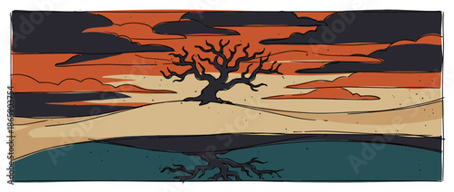 Dramatic gnarled tree silhouette stands alone on a hill with its dark reflection in the water, set against a moody orange and black sky in a surreal, hand-drawn illustration style