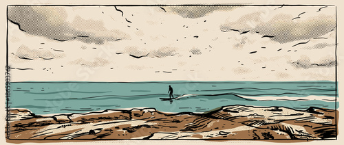 Comic book style illustration of a lone surfer riding a small wave in the calm ocean, depicted with a vintage halftone texture and a serene, minimalist aesthetic