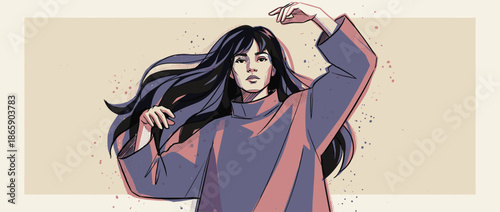 Stylish illustrated woman with long flowing dark hair poses confidently with her arm raised in a modern, graphic comic book art style with halftone dot shading