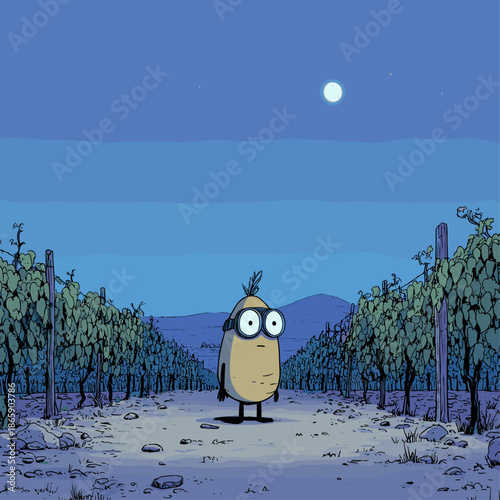 Whimsical Cartoon Character in a Grape Vineyard Under a Starry Night