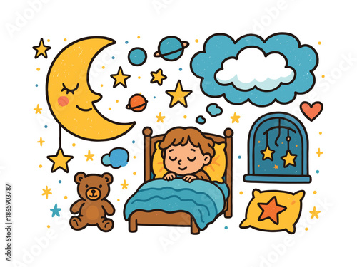 Moonlit Dreams. Moon and dreams. Colorful Hand-drawn doodle Children illustration Moon and dreams crescent moon with closed eyes, dream cloud, sleeping child,