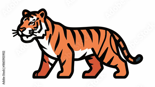 Cartoon tiger with orange and black stripes, walking with a determined stride