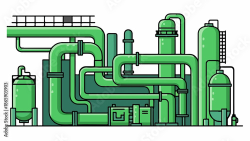 A vibrant green industrial facility with complex piping and cylindrical tanks
