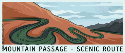 Winding green road snakes through a terracotta mountain pass in a retro-style travel poster illustration with distant blue peaks under a cloudy sky