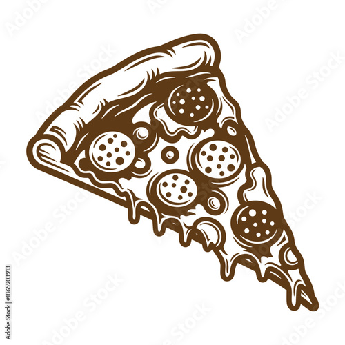A slice of pizza with melted cheese and pepperoni toppings on a white background