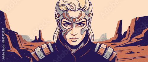 Powerful blonde woman wearing a futuristic cybernetic mask and armor gazes intently forward in a bold, graphic novel style illustration with a textured, limited color palette