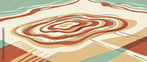 Abstract hand-drawn illustration of organic concentric shapes creating a stylized landscape with flowing lines in a retro, earthy color palette with sketchy details