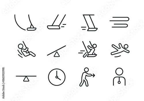 Motion Icons Set. Motion and momentum. Line icon set of motion and momentum: swing arc, forward swing icon, backward swing icon, air swoosh lines, speed lines,