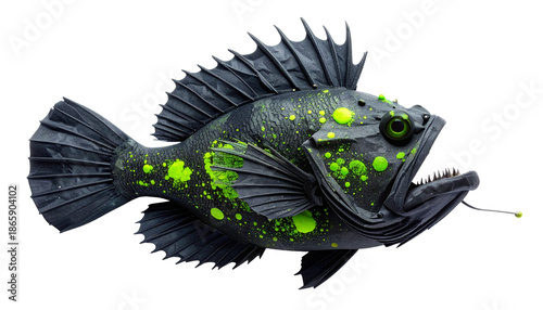 A digitally rendered, grotesque fish with green bioluminescence and sharp teeth