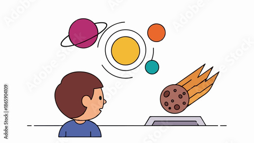 Child gazes at a projected solar system display featuring planets, sun, and a comet