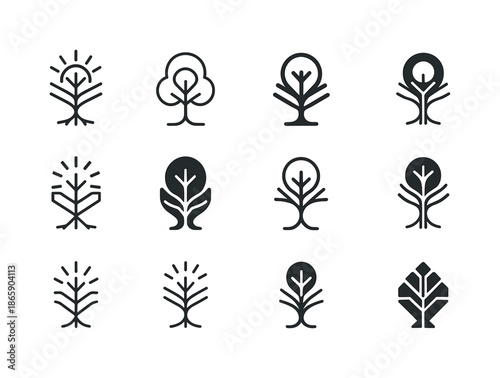 Sacred Paths Icons. Pilgrimage routes and sacred destinations. Icon set. Set Logo of pilgrimage routes and sacred destinations: sacred tree. harmonious logo