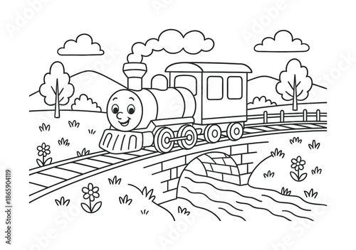 Riverside Train Adventure. Riverside railway children?s coloring book illustration, outlined drawing, a cartoon train crossing a simple bridge over a gentle