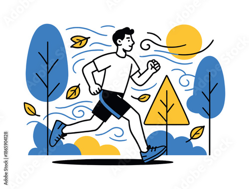 Morning Jog Whirlwind. Fresh Air Jog. A runner moves between abstract tree shapes with swirling air currents around them. Floating leaves and warm sun arcs