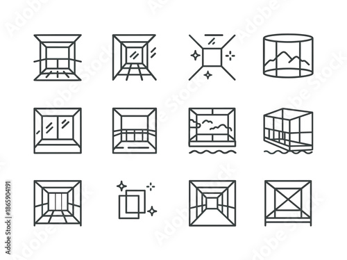 Glass Skybridge Icons. Glass skybridges. Line icon set of Glass skybridges: transparent floor, glass panels, glass ceiling, light reflection icon, panoramic