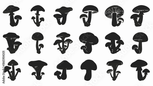Collection of diverse black mushroom silhouettes, showcasing various cap and stem shapes