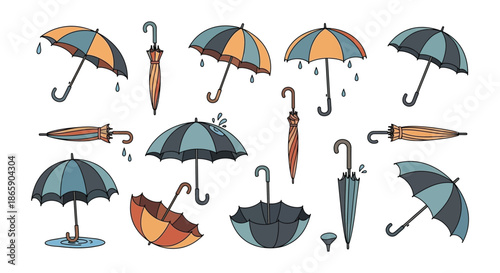 Colorful collection of illustrated umbrellas and raindrops a weather themed design