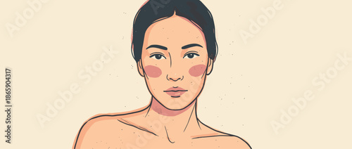 Beautiful illustrated woman's face and shoulders with dark hair and a calm expression in a minimalist, modern, hand-drawn vector style with a warm, gentle color palette