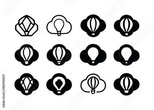 Hot Air Balloon Icons. hot air balloons. Icon set. Set Logo of hot air balloons: balloon inside cloud frame. harmonious logo variations of the same emblematic