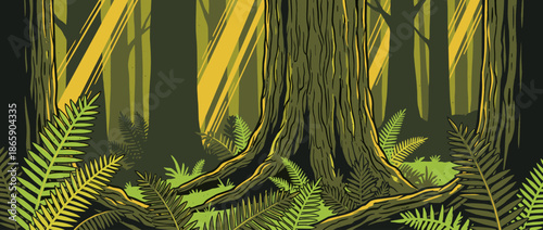Large ancient tree with gnarled roots stands among ferns on the forest floor as golden sunbeams shine through the dense canopy in a stylized graphic vector illustration