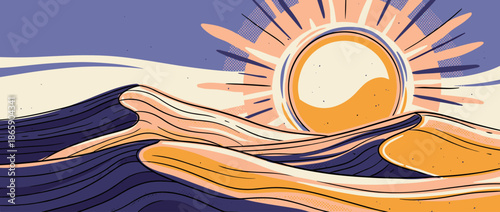 Stylized desert landscape illustration with rolling sand dunes and a large setting sun, created in a retro graphic style with bold lines and a limited color palette