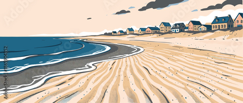 Graphic illustration of a coastal village on a sandy beach with calm blue sea waves under a pale sky, depicted in a minimalist, retro comic book art style with halftone textures