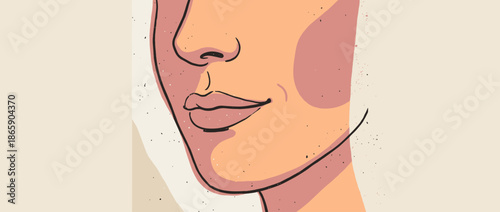 Minimalist line art illustration of a woman's face with abstract shapes and a warm, pastel color palette, conveying a sense of calm and modern elegance in a wide format