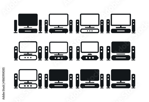 Home Theater Icons. Home theater system. Icon set. Set Logo of home theater system: soundbar. harmonious logo variations of the same emblematic concept, each