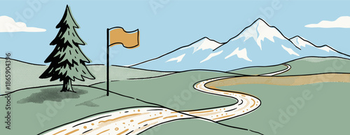 Stylized landscape illustration showing a winding path to a flag near a pine tree with snowy mountains, representing a journey to a goal or milestone in a retro comic style