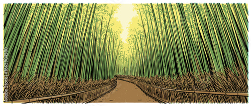 Tranquil illustrated bamboo forest path leads through a dense green grove with tall stalks and sunlight filtering from above in a graphic, comic book art style