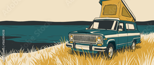 Vintage blue camper van with a yellow pop-up tent is parked on a grassy shore next to a calm lake, depicted in a retro hand-drawn illustration style for a road trip concept