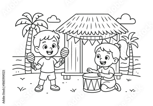 Tropical Music Coloring. Tropical music corner children?s coloring book illustration, outlined drawing, friendly kids playing maracas and a drum near a beach