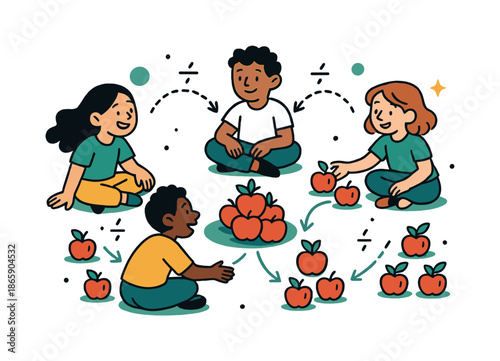 Fair Apple Sharing. Sharing apples by division. Children sit in a circle around a pile of apples, with dotted lines and tiny ??? signs showing how each person