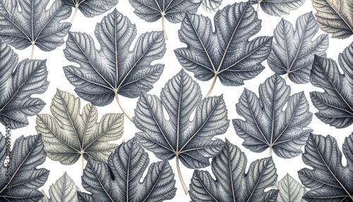 Overlapping, detailed, bluish-grey leaves against a black background
